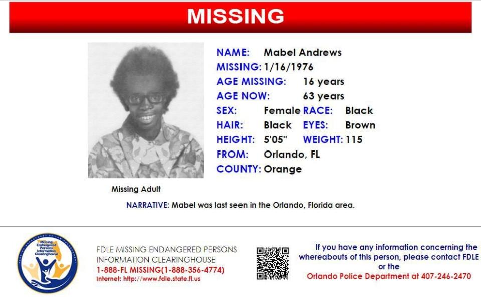 Mabel Andrews was last seen in Orlando on Jan. 16, 1976.