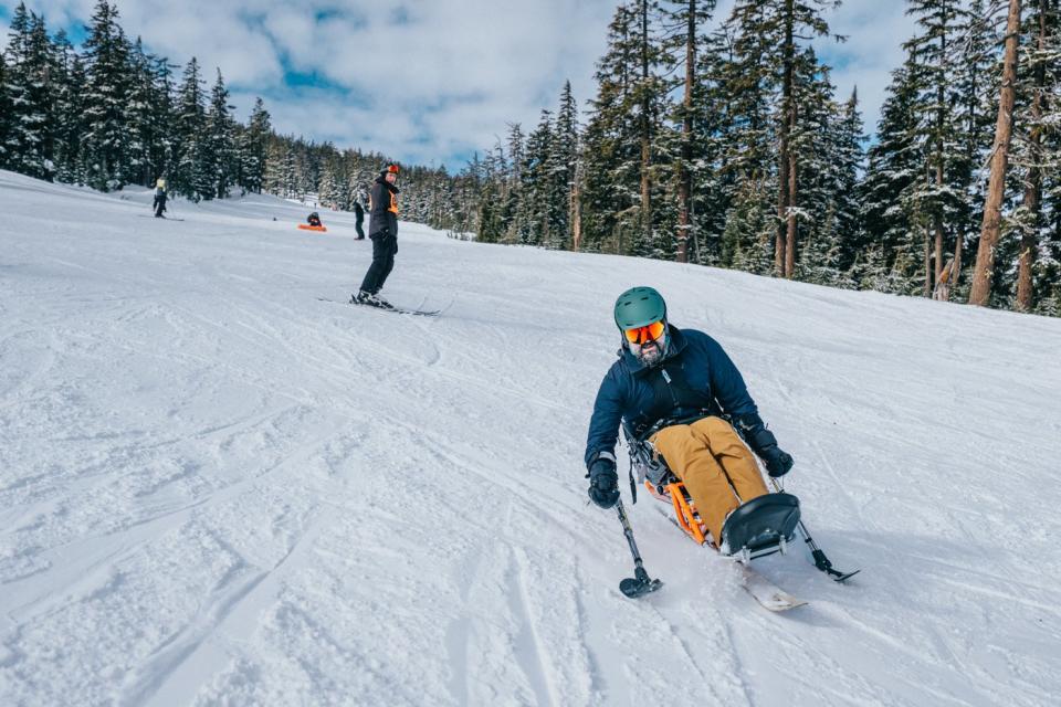 Several people skiing down a mountain trail that is lined by trees.