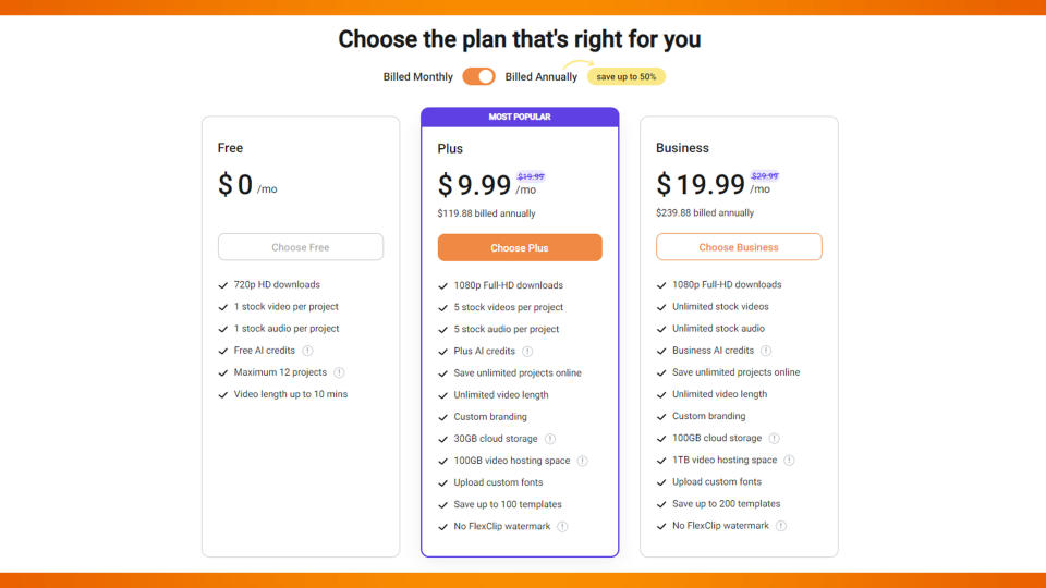 A screenshot of the FlexClip pricing plan