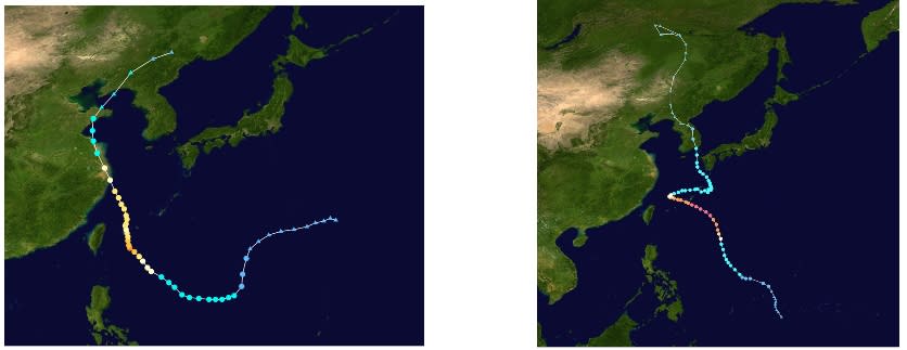 左：2022年9月17日，梅花颱風是1949年以來登陸中國最北的秋颱，也是1950年來第3個4次登陸中國的颱風。右；超強颱風卡努路徑詭譎，90度急轉彎於2023年8月8日侵襲北京的路徑圖。(圖/維基百科)