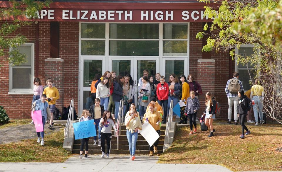 Students from Cape Elizabeth High School walked out of school on Monday, October 7, 2019 to protest the suspension of students who have been suspended from school following complaints of how the school handled recent sexual assault allegations.