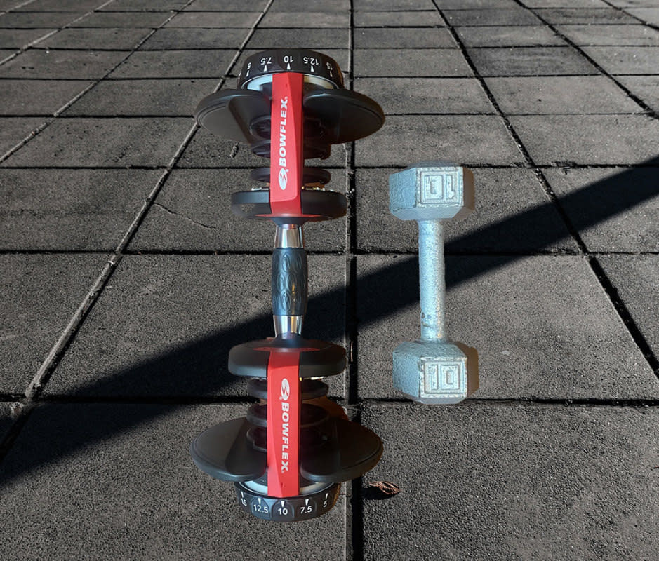 Bowflex SelectTech 552 compared to 10-pound dumbbell free weight.<p>Joe Wuebben; Unsplash</p>