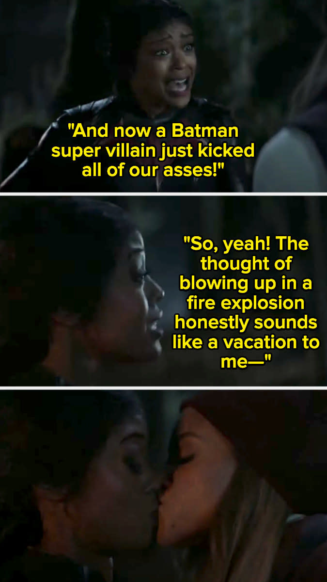 Ryan says a Batman supervillain kicked all of their asses, so blowing up in a fire explosion sounds like a vacation, and then Sophie kisses her