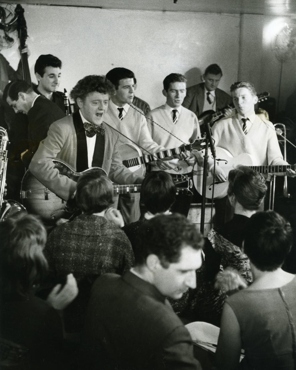 WEE WILLIE HARRIS  English rock singer in 1958 with the King Brothers filming a BBC TV programmne at the 2 i's coffee bar, Soho