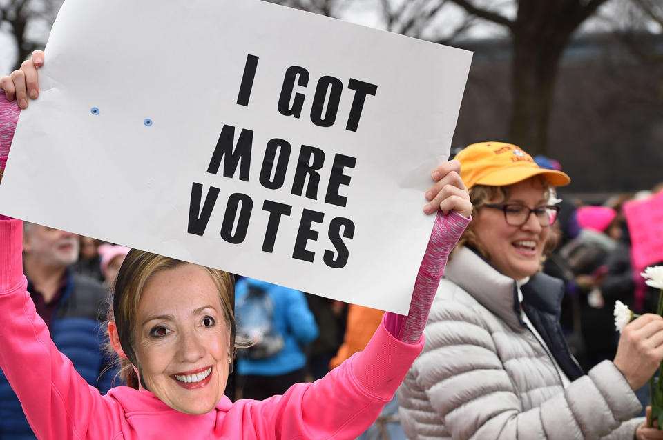 <p>Protesters march in Washington, DC, during the Womens March on January 21, 2017. (ROBYN BECK/AFP/Getty Images) </p>