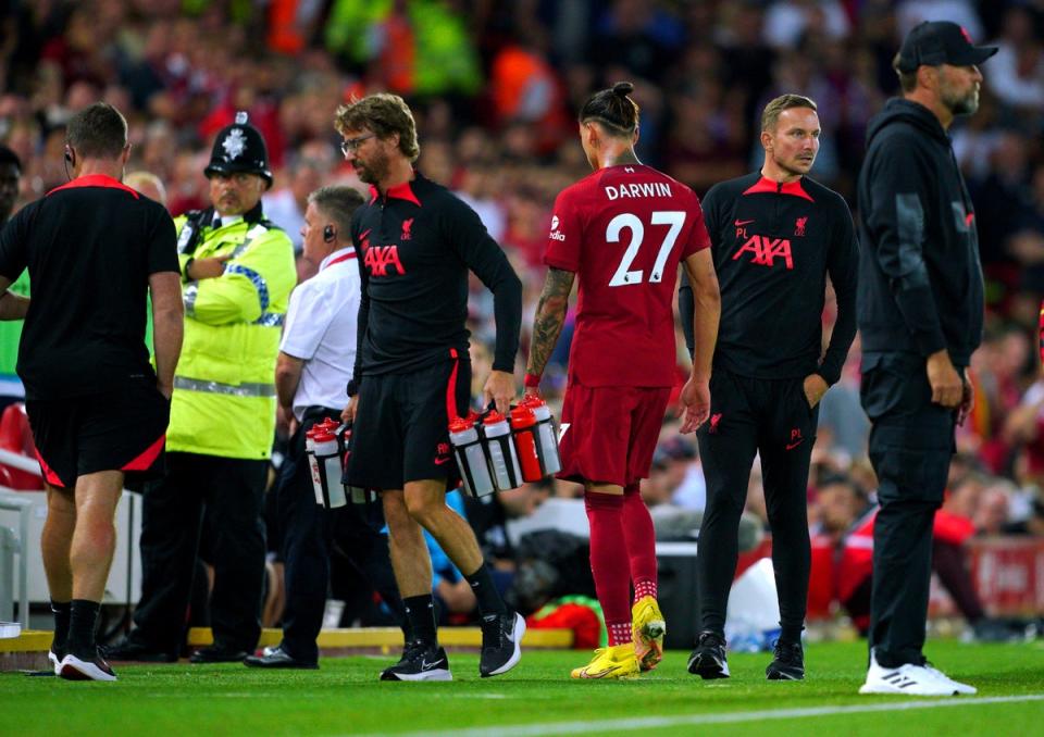 Liverpool’s Darwin Nunez (centre right) leaves the pitch after being sent off against Crystal Palace (Peter Byrne/PA) (PA Wire)