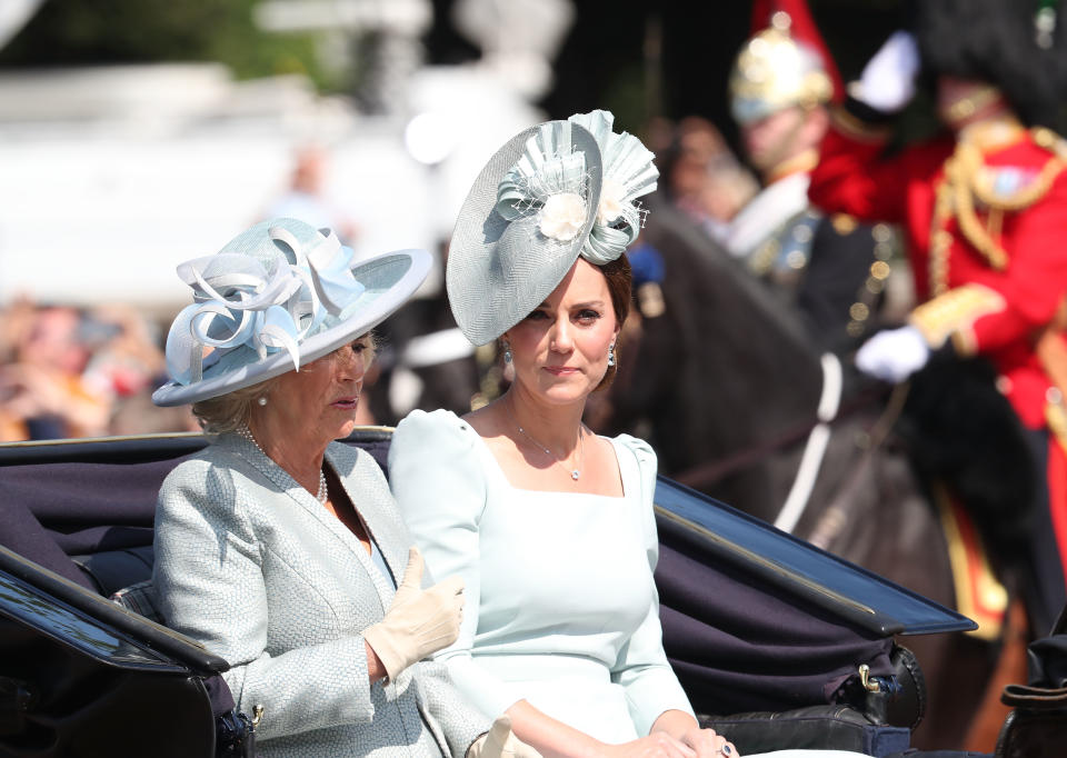 Camilla, Duchess Of Cornwall, and Kate Middleton, Duchess of Cambridge, during Trooping the Colour on the Mall on June 9, 2018 in London, England