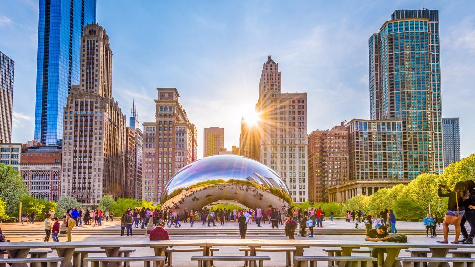 Chicago Illinois at sunset with Cloud Gate bean art work