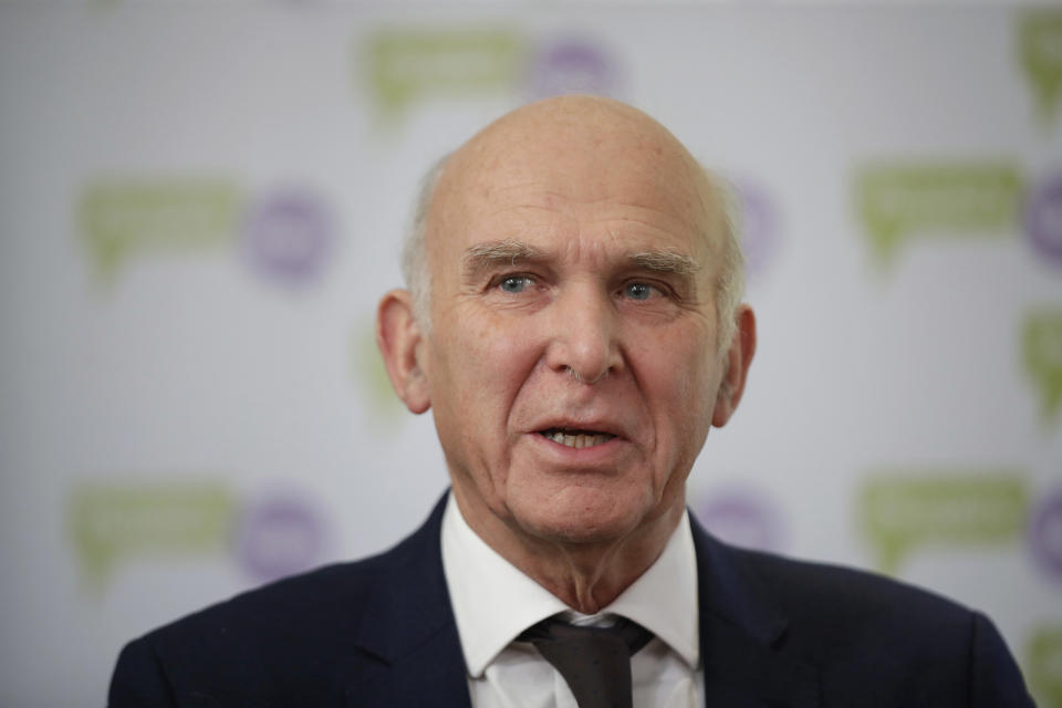 Liberal Democrat party leader Vince Cable speaks during a People's Vote press conference attended by a cross-party group of Members of Parliament, calling for a second referendum of Britain's European Union membership, in London, Tuesday, Dec. 11, 2018. Top European Union officials are ruling out any renegotiation of the divorce agreement with Britain as Prime Minister Theresa May fights to save her Brexit deal by lobbying leaders in Europe's capitals. (AP Photo/Matt Dunham)