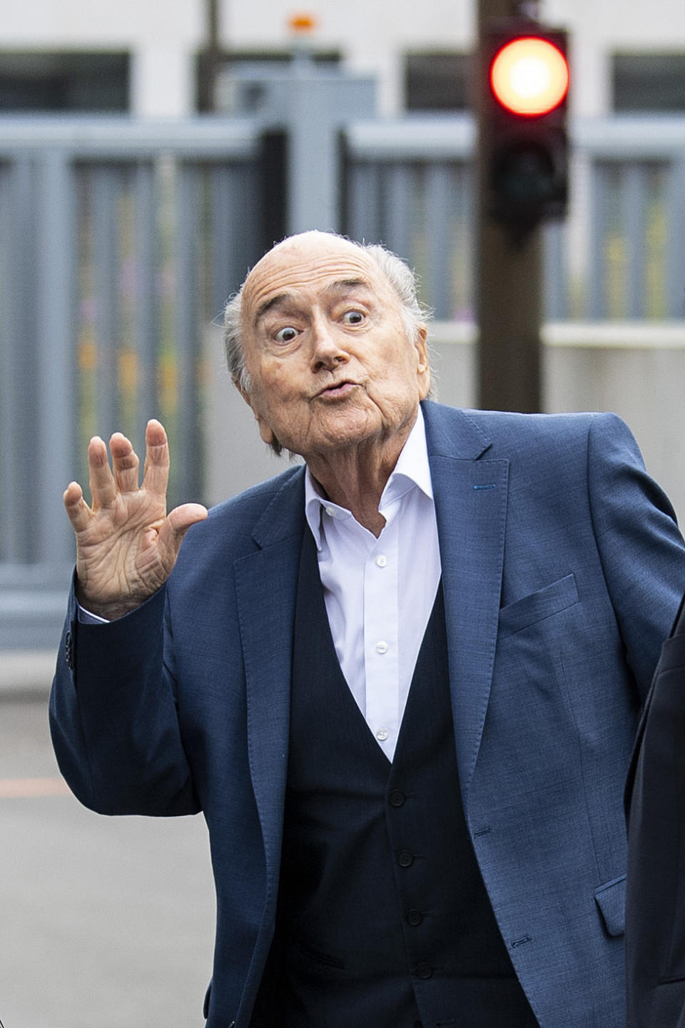 Former FIFA President Sepp Blatter appears in front of the building of the Office of the Attorney General of Switzerland, on Tuesday, Sept.1, 2020, in Bern, Switzerland. Sepp Blatter and former UEFA president Michel Platini each face interrogation from the Swiss public prosecutor as part of the proceedings opened in 2015 over a payment of 2 million Swiss francs. (Peter Schneider/Keystone via AP)