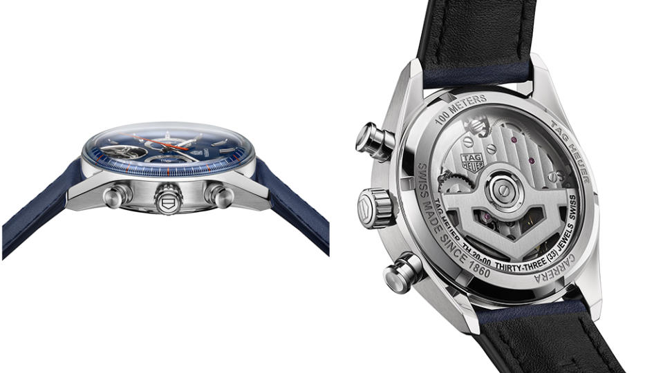 Tag Heuer's new steel-polished pushers along the tourbillion's bezel (left) and the open caseback of a chronograph model. 