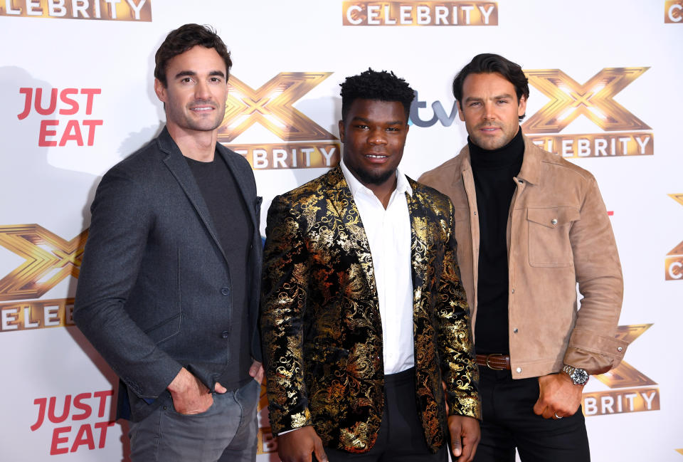 Try Star (left to right) Thom Evans, Levi Davis and Ben Foden during the X Factor Celebrity Photocall at the Mayfair Hotel, London. 