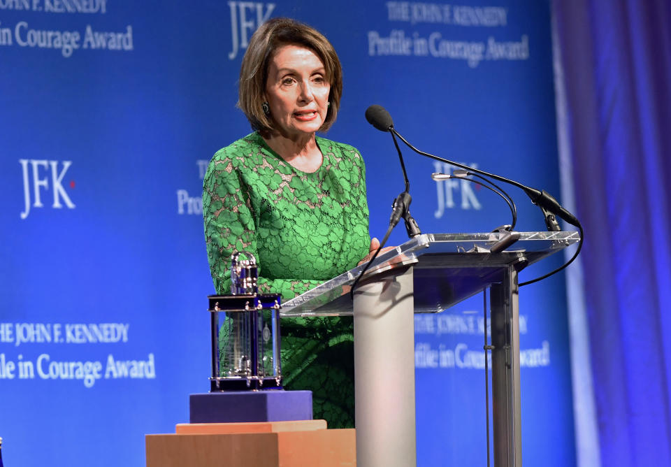 Speaker of the House Nancy Pelosi, D-Calif., speaks after she received the 2019 John F. Kennedy Profile in Courage Award, Sunday, May 19, 2019, at the John F. Kennedy Presidential Library and Museum in Boston. (AP Photo/Josh Reynolds)