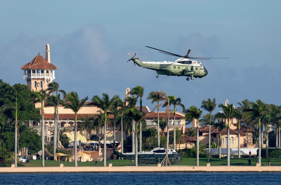 President Donald Trump takes off from Mar-a-Lago on Marine One in Palm Beach, Fla.