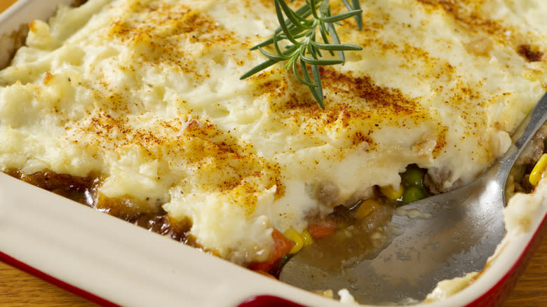 Close-up of shepherd's pie dish