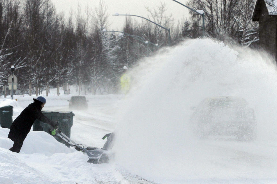 A resident uses a snowblower to clear a driveway, Monday, Jan. 29, 2024, in Anchorage, Alaska. A recent storm dropped over 14 inches of snow on Anchorage, bringing the seasonal total to over 101 inches. It's the earliest Alaska's largest city has reached the 100-inch mark. (AP Photo/Mark Thiessen)