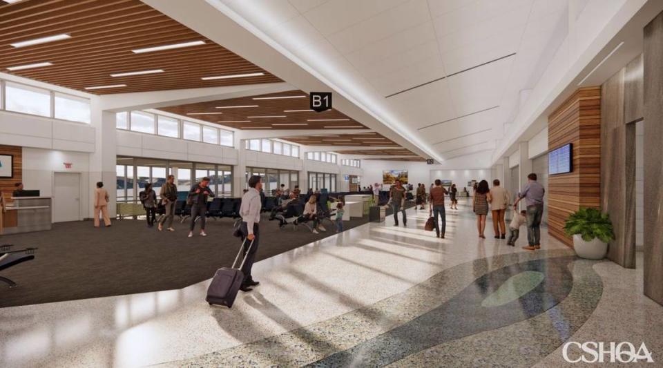 An artist’s rendering depicts the expected appearance of passenger waiting areas in a new Concourse B at Fresno Yosemite International Airport. The concourse is part of an expansion program for the airport terminal that is expected to be open by the end of 2024.