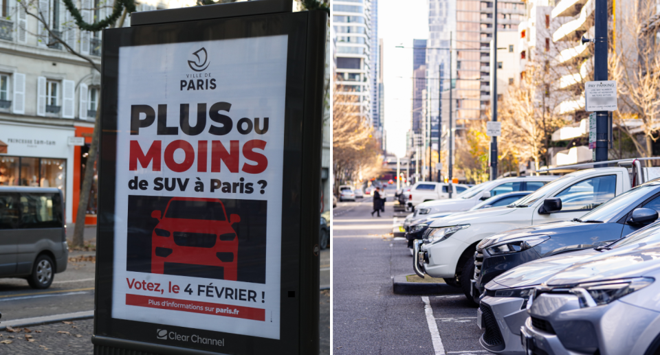 Left image of a sign in Paris reminding people to vote on the parking tax for SUVs. Right image of SUVs and utes parked in Australian.