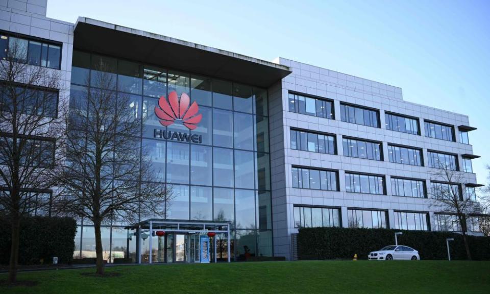 Huawei's modern glass office building with a prominent logo