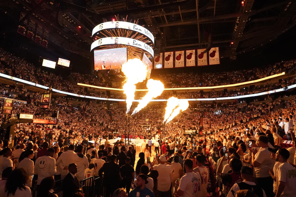 Players are introduced before the start of Game 4 of the basketball NBA Finals between the Miami Heat and the Denver Nuggets, Friday, June 9, 2023, in Miami. (AP Photo/Wilfredo Lee )