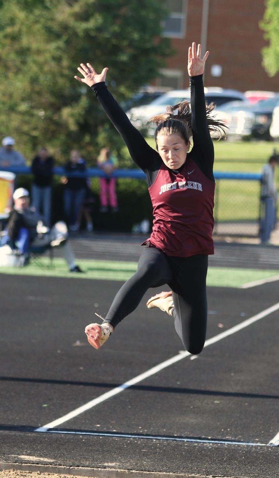 John Glenn's Brayden Snider competes in the long jump during Friday's Muskingum Valley League championships at the Maysville Athletic Complex.