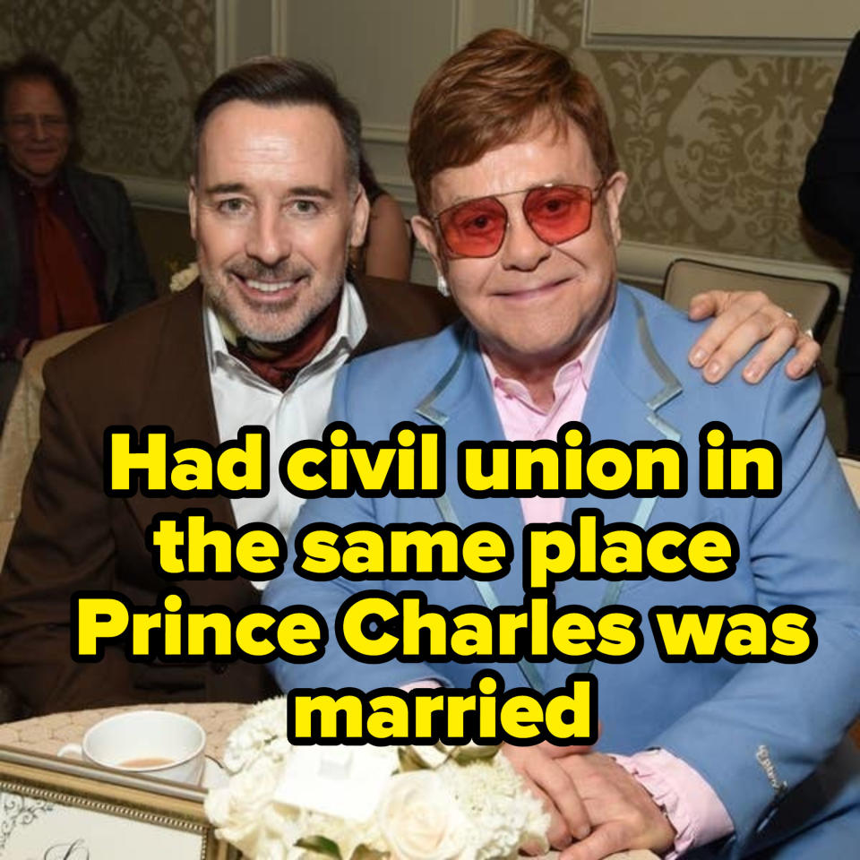 Picture of Elton and David with their arms around each other labeled "had civil union in the same place Prince Charles was married"