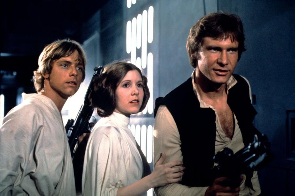 STAR WARS, (aka STAR WARS: EPISODE IV - A NEW HOPE), Mark Hamill, Carrie Fisher, Harrison Ford, 1977.