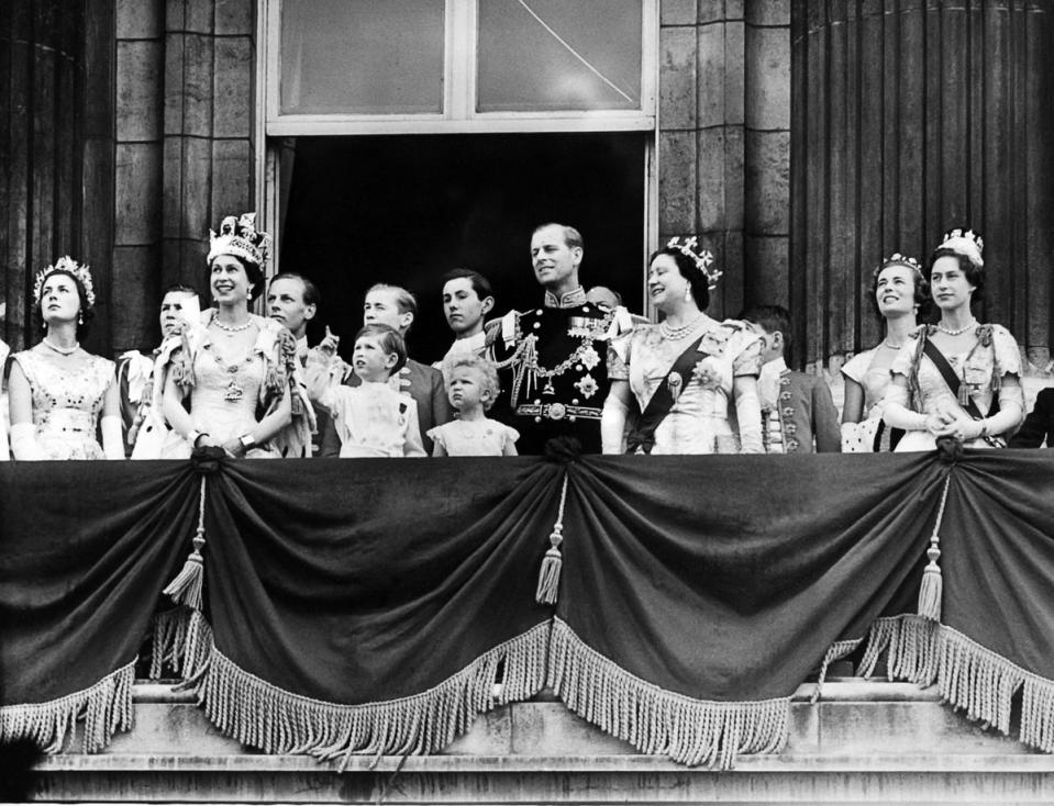 The Queen, Prince Philip, Prince Charles, Princess Anne, the Queen Mother and Princess Margaret appear on the balcony of Buckingham Palace to mark the coronation (AFP/Getty)