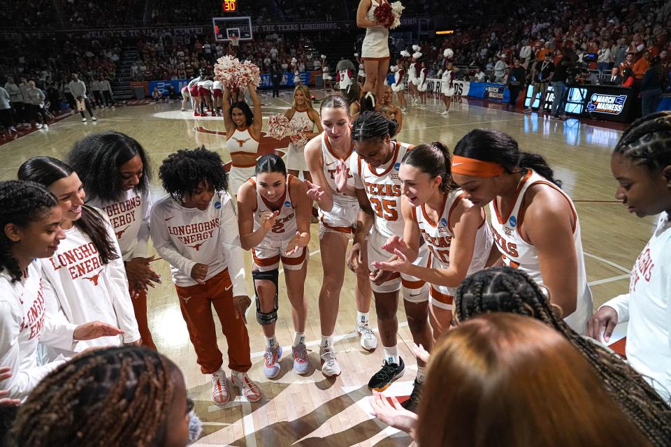 Texas players huddle during the March 23 win over Alabama in the second round of the NCAA Women's Tournament at Moody Center. Texas earned a No. 1 seed in this year's NCAAs and will return the bulk of its starters as well as star point guard Rori Harmon, who's expected back from her December knee injury.