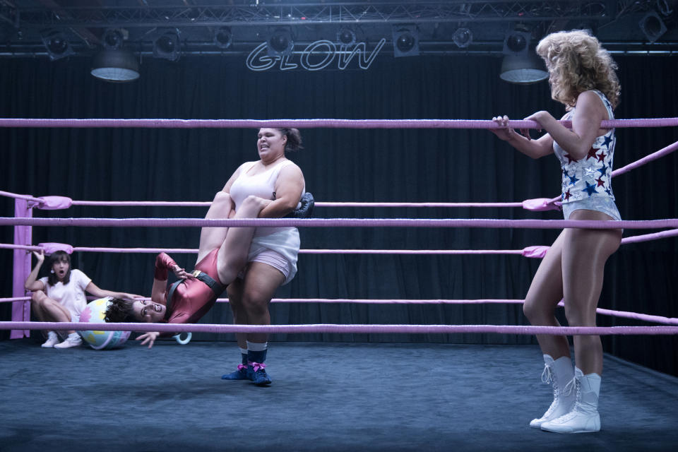 Britt Baron, Britney Young, Alison Brie and Betty Gilpin take to the ring. (Netflix)