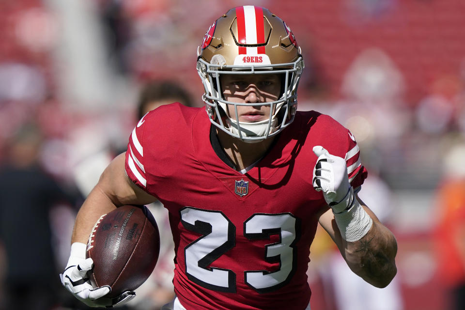 San Francisco 49ers running back Christian McCaffrey made his debut with his new team on Sunday. (AP Photo/Godofredo A. Vásquez)