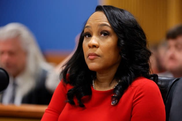 Fulton County District Attorney Fani Willis arrives for the final arguments in her disqualification hearing at the Fulton County Courthouse on March 1, 2024, in Atlanta, Georgia. - Credit: ALEX SLITZ/POOL/AFP/Getty Images