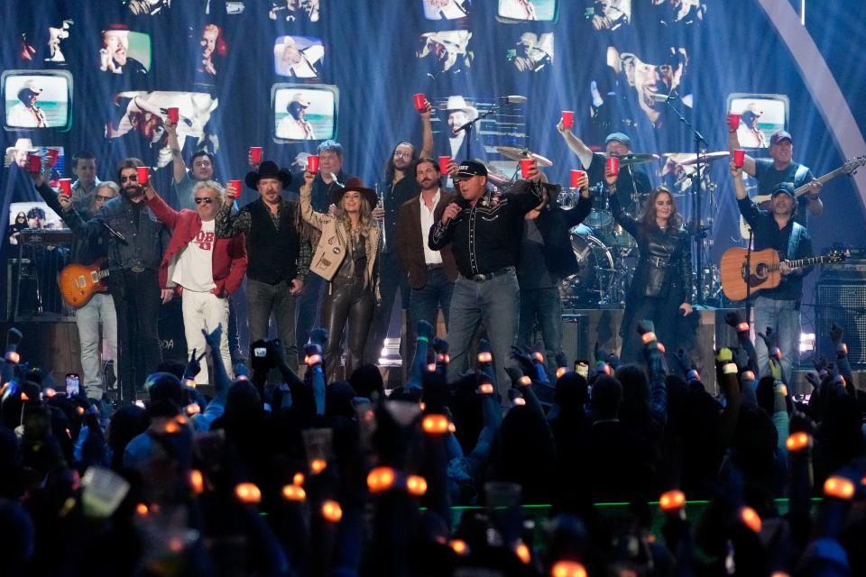 Performers including Sammy Hagar, Brooks & Dunn, Lainey Wilson and baseball Hall of Fame pitcher Roger Clemens salute the late Toby Keith's memory at the 2024 CMT Music Awards at the Moody Center in Austin, Tex., Sunday night, April 7, 2024.