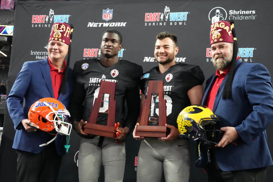 Kicker Jake Moody of Michigan poses after the East-West Shrine Bowl at Allegiant Stadium, Feb. 2, 2023 in Las Vegas.