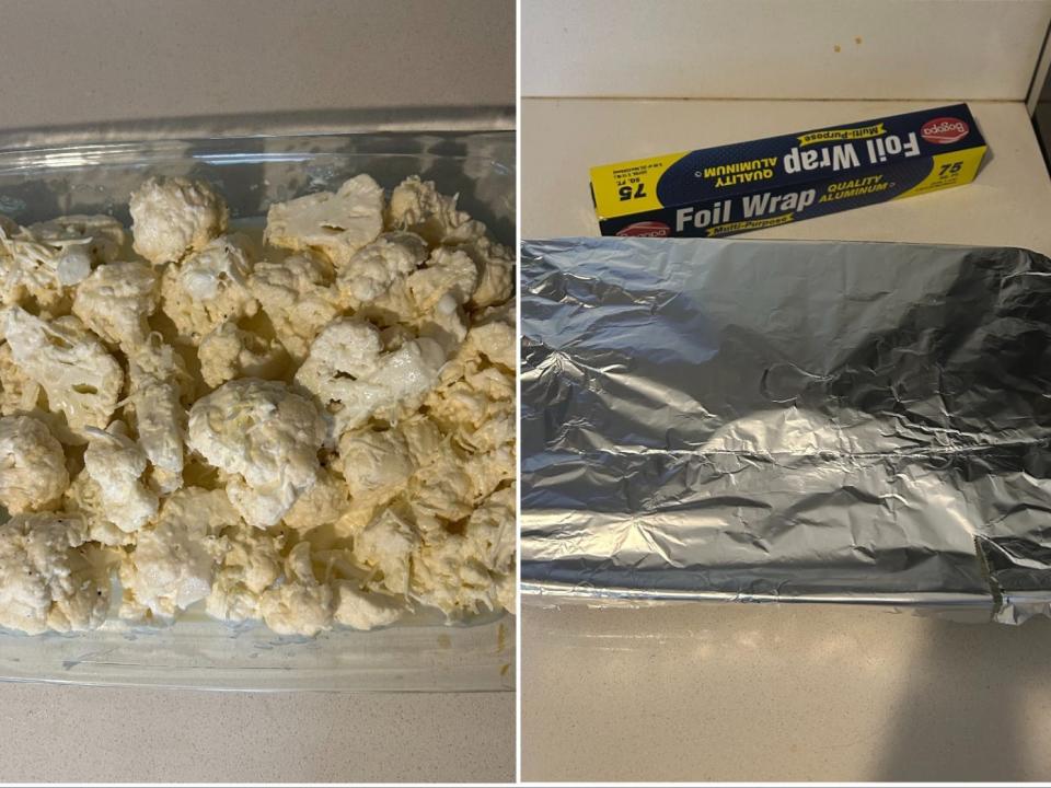 The cauliflower mixture (left); the baking dish covered in foil (right).