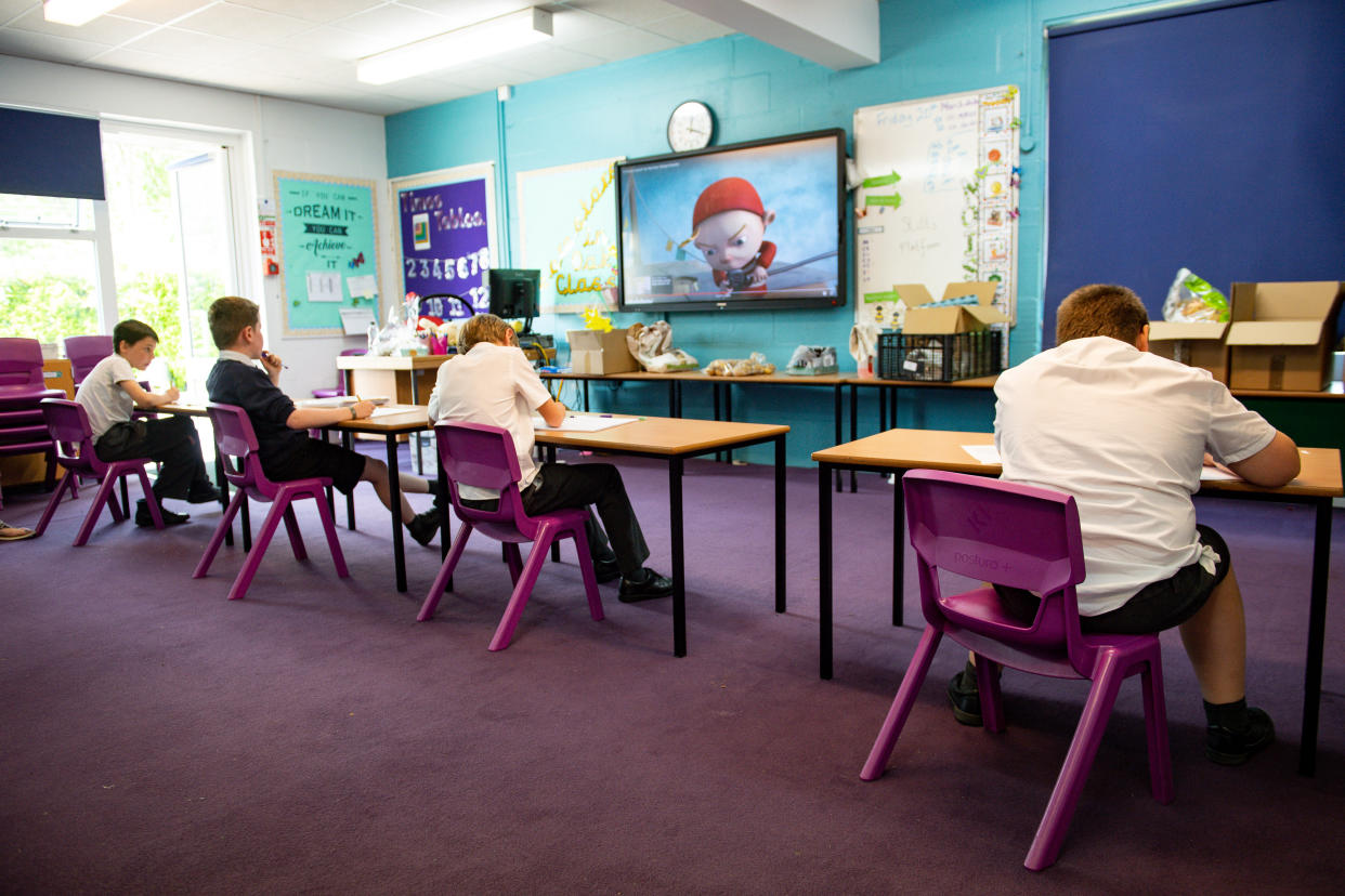 Children of essential workers socially distance whilst in lesson at Kempsey Primary School in Worcester. Nursery and primary pupils could return to classes from June 1 following the announcement of plans for a phased reopening of schools. (Photo by Jacob King/PA Images via Getty Images)