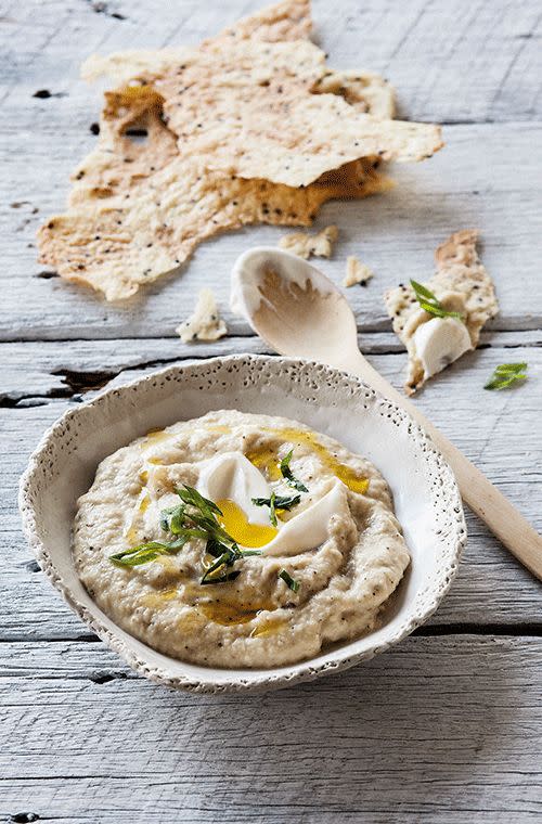 Charred Eggplant Dip with Olive Oil Quinoa Crackers