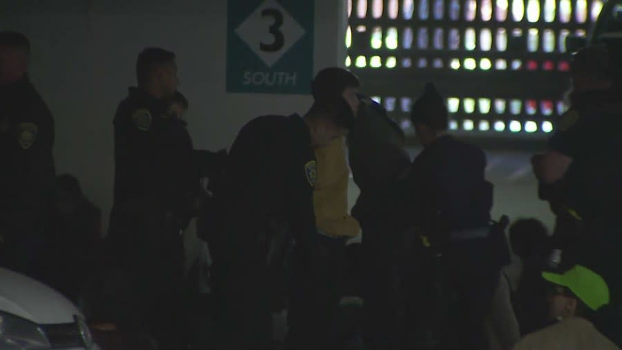 A group of people were detained on the third floor of a parking garage on the campus of UCLA on May 6, 2024. (KTLA)