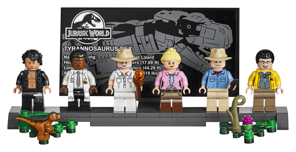 The set also comes with a Minifigure display stand complete with a T. rex fact sheet.