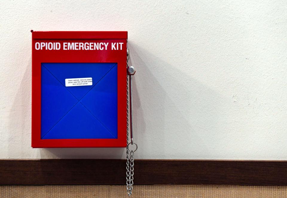 An opioid emergency box containing Narcan hangs on the wall at the Avera Addiction Recovery Center on Thursday, Nov. 21, in Sioux Falls.