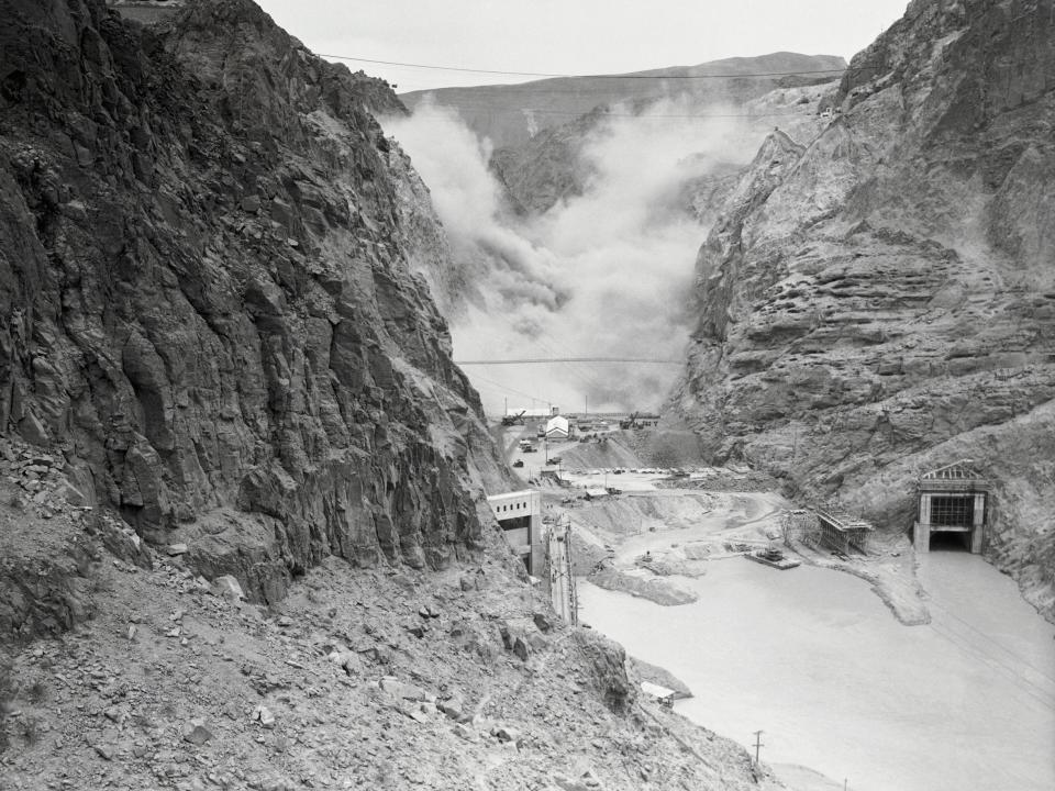 A dynamite explosion at Hoover Dam in 1933.