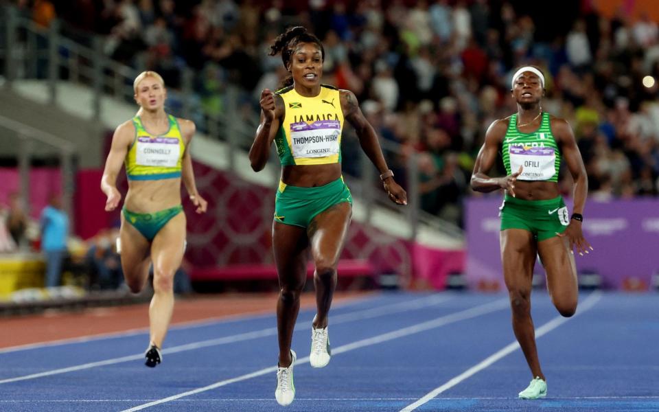 Elaine Thompson-Herah in action in the women's 200m finals. - REUTERS