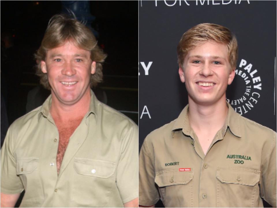 An older Steve with blonde flowy hair and a khaki safari shirt and a young Robert with blonde hair and a khaki safari shirt.