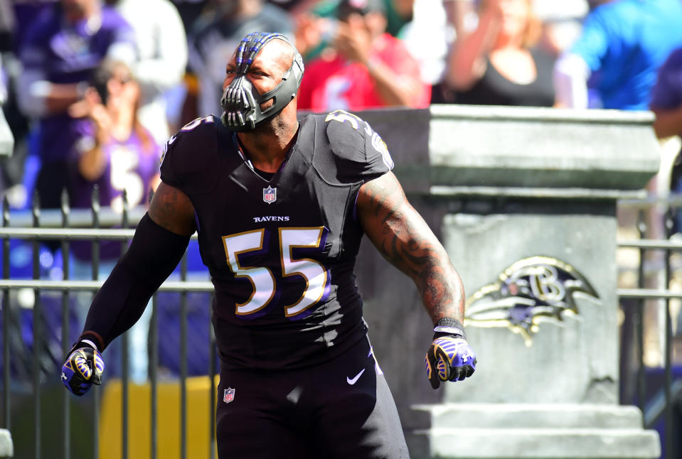 Oct 1, 2017; Baltimore, MD, USA; Baltimore Ravens linebacker Terrell Suggs (55) gets introduced prior to the game against the Pittsburgh Steelers at M&T Bank Stadium. Mandatory Credit: Evan Habeeb-USA TODAY Sports