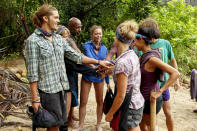 "Operation Thunder Dome" - The Bikal Tribe huddles around each other after evicting Brandon Hantz during the sixth episode of "Survivor: Caramoan - Fans vs. Favorites."