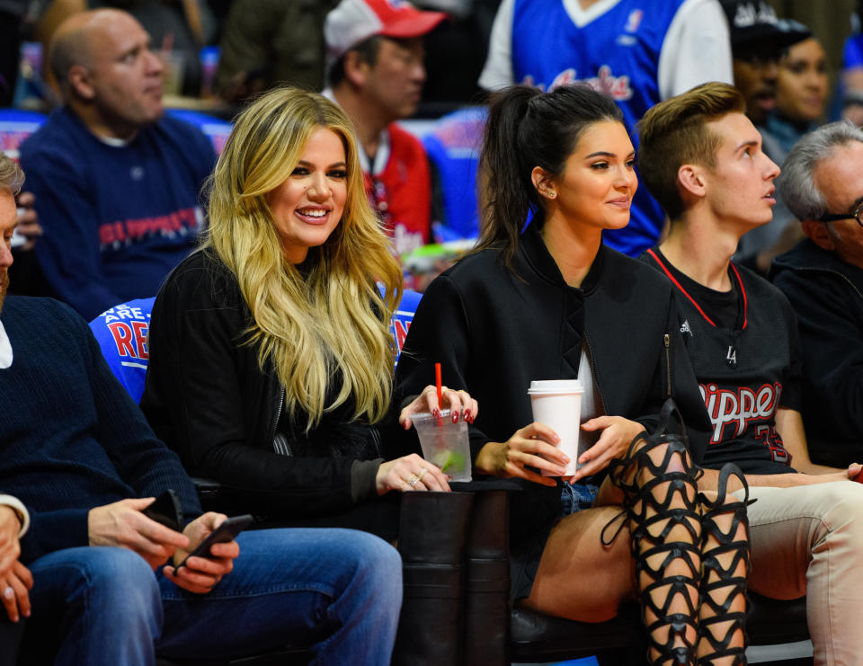 LOS ANGELES, CA - MAY 08:  Khloe Kardashian (L) and Kendall Jenner attend a basketball game between the Houston Rockets and The Los Angeles Clippers at Staples Center on May 8, 2015 in Los Angeles, California.  (Photo by Noel Vasquez/GC Images)