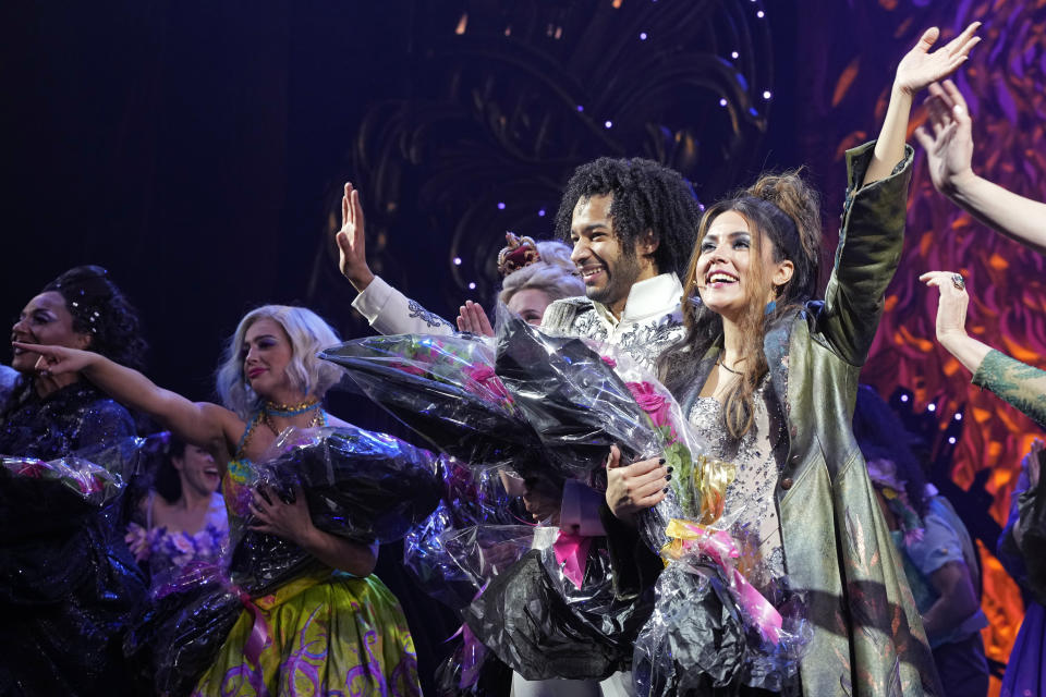 Linedy Genao, right, and Jordan Dobson appear at the curtain call for "Bad Cinderella" on opening night at the Imperial Theatre on Thursday, March 23, 2023, in New York. (Photo by Charles Sykes/Invision/AP)
