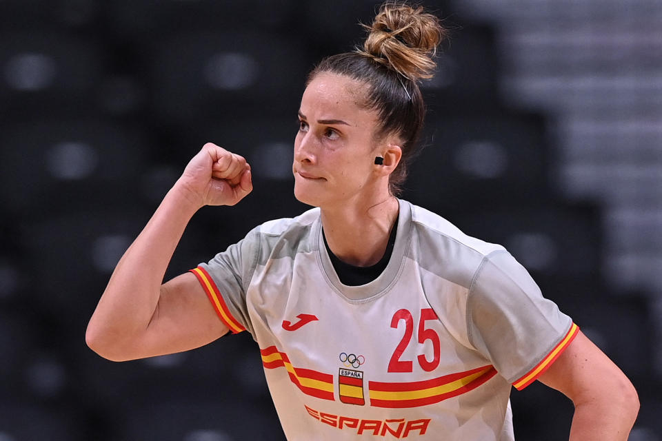 Spain's centre back Nerea Pena Abaurrea celebrates scoring during the women's preliminary round group B handball match between Spain and Brazil of the Tokyo 2020 Olympic Games at the Yoyogi National Stadium in Tokyo on July 29, 2021. (Photo by Daniel LEAL-OLIVAS / AFP) (Photo by DANIEL LEAL-OLIVAS/AFP via Getty Images)