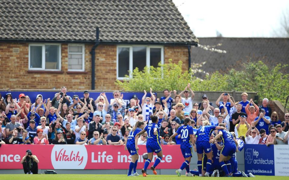 Chelsea players celebrate Ji So-yun's decisive goal in the Women's FA Cup semi-final earlier today - GETTY IMAGES