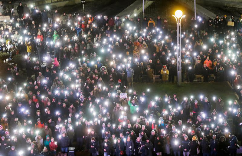 A general view of a protest rally marking the second anniversary of the murder of the investigative reporter Jan Kuciak and his fiancee Martina Kusnirova, one week ahead of country's parliamentary election in Bratislava